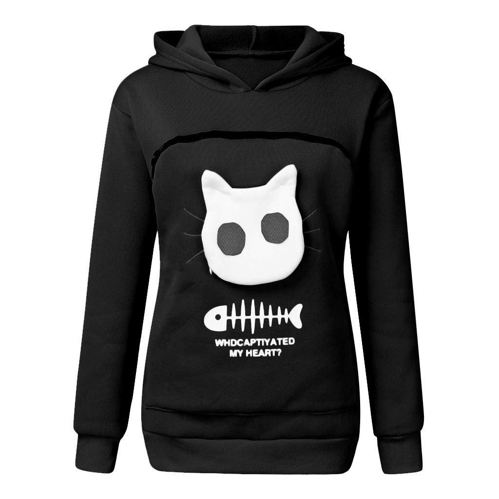 WUAI Unisex Men Women Pet Carrier Hoodies Cat Dog Kangaroo Pouch Holder Sweatshirt Shirt Pullover Top Plus Size(Black,Medium)