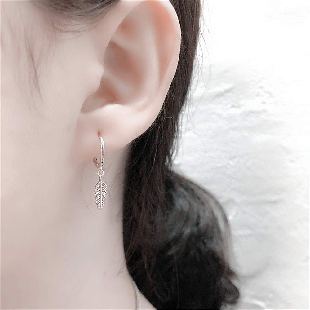 Huggie Small Sleeper Hoop Earrings for Women Girls Sterling Silver Cubic Zirconia with Charms Cute Drop Dangle Cuff Cartilage Helix Stud Dainty Multiple Jewelry (Silver Feather)