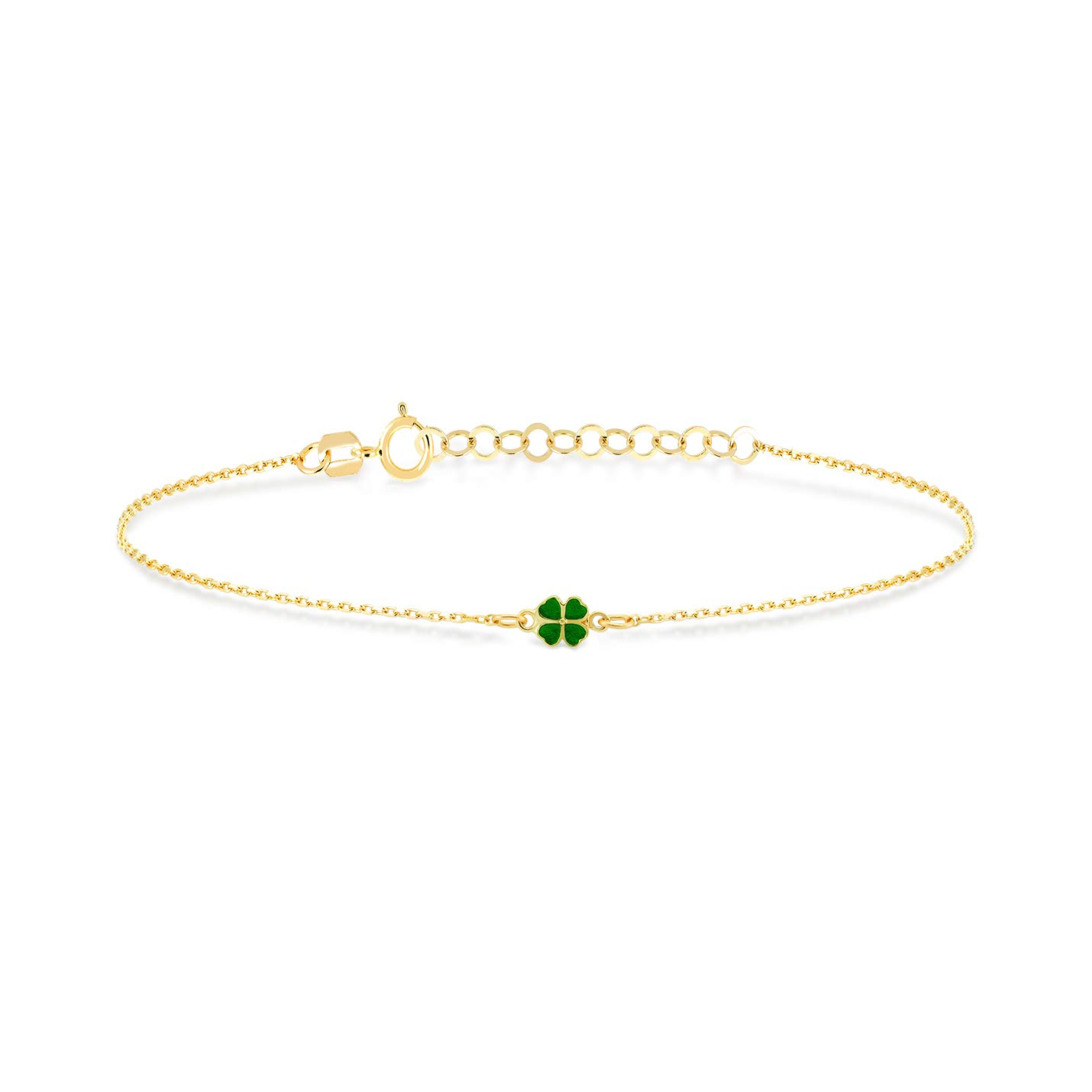 14k Solid Gold Green Clover Bracelet | 14k Yellow Gold Four Leaf Clover Bracelets for Women | Dainty Gold Luck Bracelets | Women's 14k Gold Jewelry | Gift for Christmas, Adjustable 6" to 7"