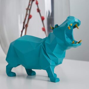 HAUCOZE Hippo Statue Sculpture Modern Decor Home Gifts Animal Figurine Table Centerpiece Crafts Polyresin Arts Blue 7.1inch