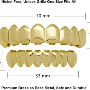 canjoyn 8 Teeth Grillz 18K Gold Top and Bottom Grills Set Shiny Hip Hop Teeth Grillz + Extra Molding Bars