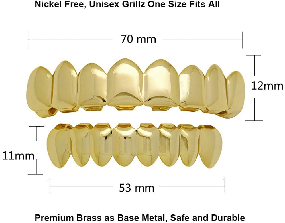 canjoyn 8 Teeth Grillz 18K Gold Top and Bottom Grills Set Shiny Hip Hop Teeth Grillz + Extra Molding Bars