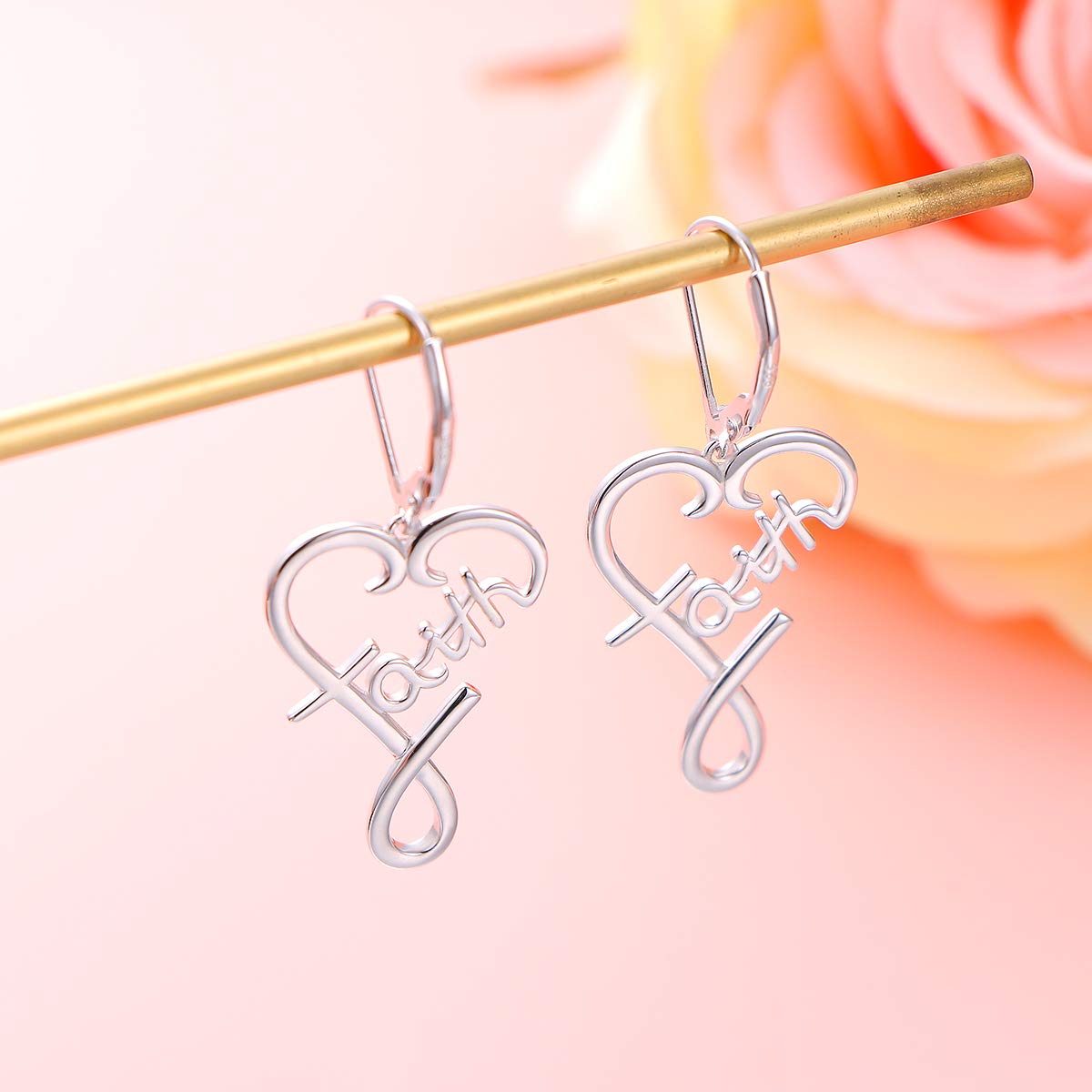 S925 Sterling Silver Word Calligraphy Jewelry Faith Inspirational Message Charm Love Heart Dangle Drop Hoop Earring for Women