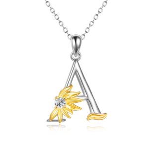 POPLYKE Sterling Silver Initial Alphabet Letter Script Name Pendant Chain Necklace for Women for (Sunflower A)