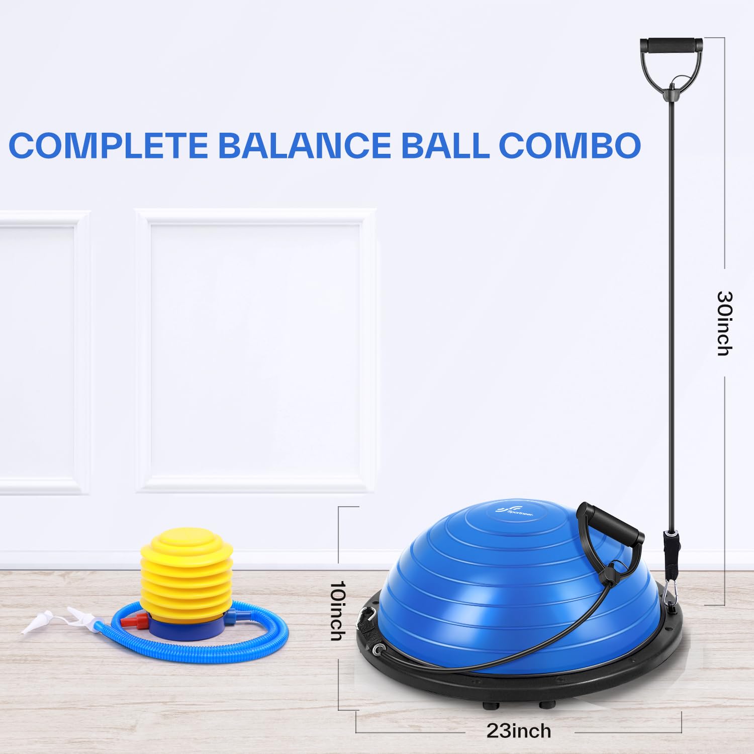 Sportneer Balance Ball Trainer with Resistance Bands and Pump: Inflatable Half Yoga Ball for Home Gym Full-Body Workouts - 23 Inch Non-Slip Half Exercise Ball for Core Strength Training, 350lb Cap