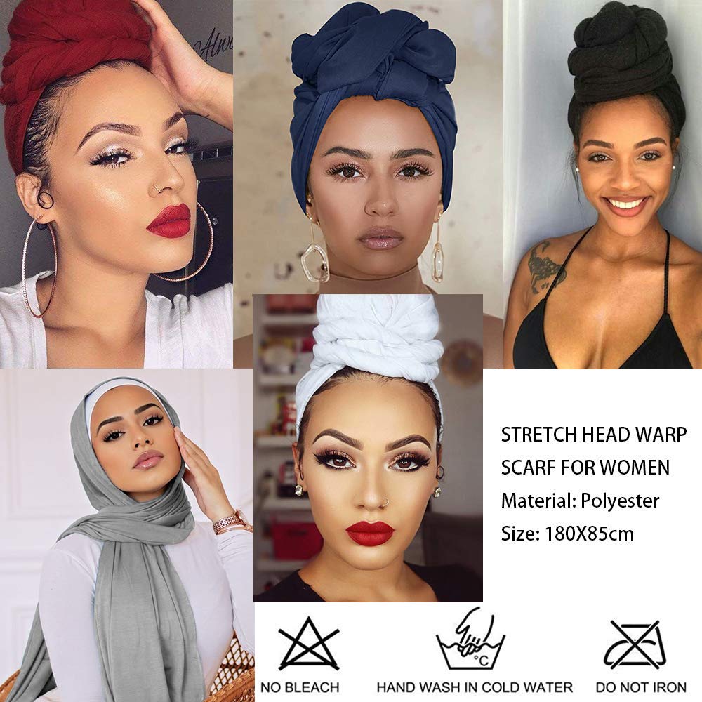 6 Pieces Stretch Head Wrap Hair Scarf Headband Jersey Turban Knit Headwraps Urban Hair Wrap Solid Color Ultra Soft Extra Long Breathable Head Band Tie for Women (Black, Grey,White,Navy, Camel,Red,)