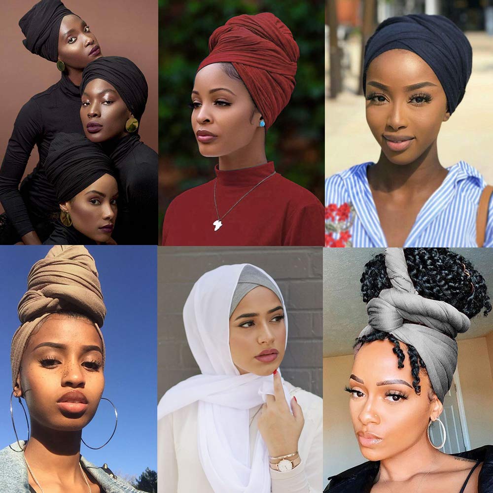 6 Pieces Stretch Head Wrap Hair Scarf Headband Jersey Turban Knit Headwraps Urban Hair Wrap Solid Color Ultra Soft Extra Long Breathable Head Band Tie for Women (Black, Grey,White,Navy, Camel,Red,)