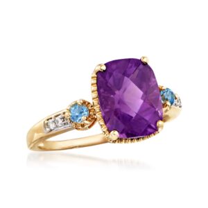 Ross-Simons 2.50 Carat Amethyst and .10 ct. t.w. Swiss Blue Topaz Ring With Diamond Accents in 14kt Yellow Gold Size 8