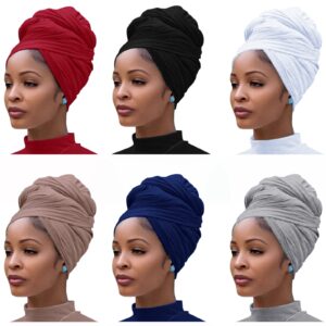 6 pieces stretch head wrap hair scarf headband jersey turban knit headwraps urban hair wrap solid color ultra soft extra long breathable head band tie for women (black, grey,white,navy, camel,red,)