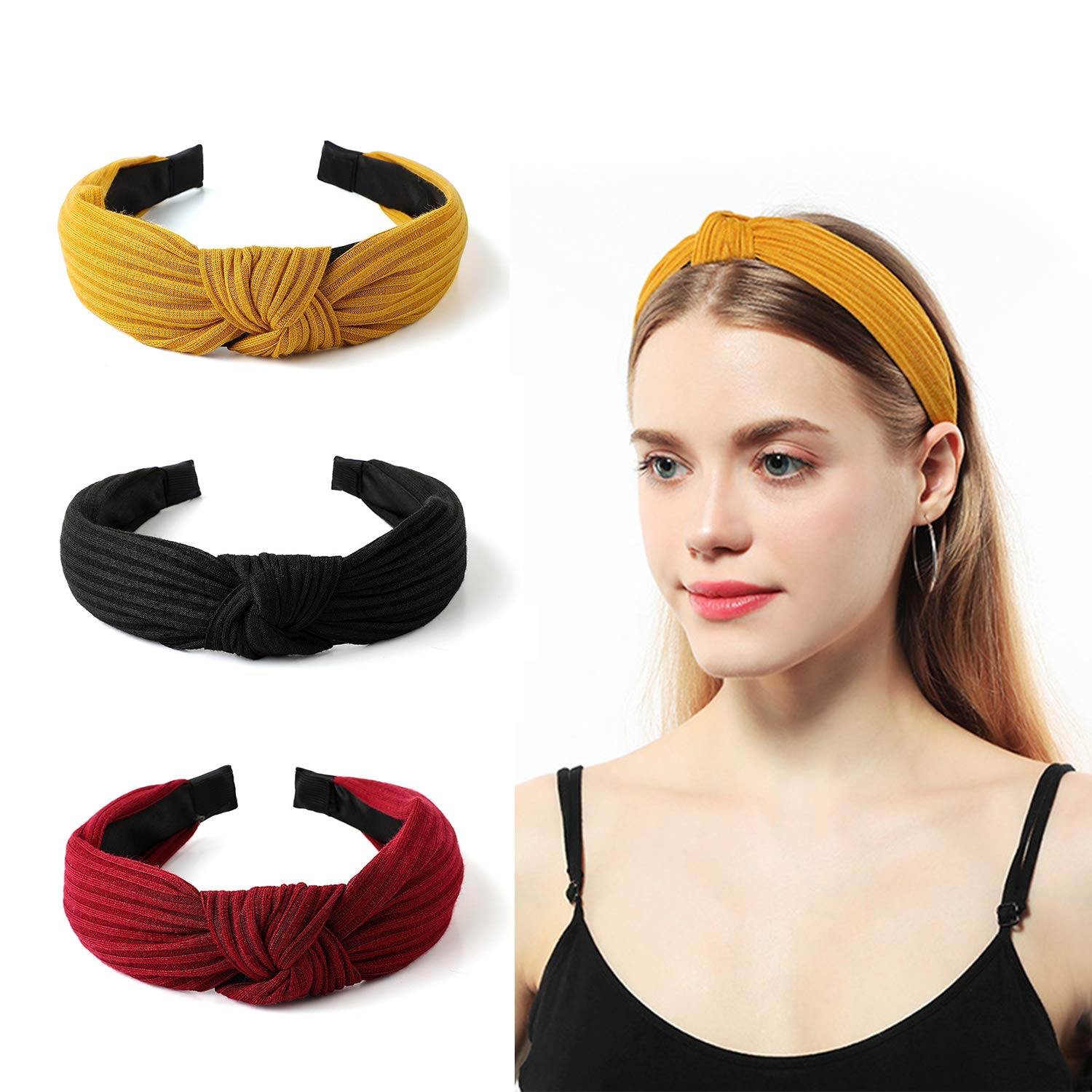 Gloppie Fashion Headbands Knotted Wide Headbands for Women Hair Accessories Workout Hairbands Top Knot Head Bands for Girls 3 Pack