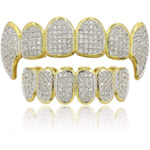 canjoyn 18k gold plated all iced out luxury cubic zirconia face diamond gold teeth grillz set with molding bars included for men women