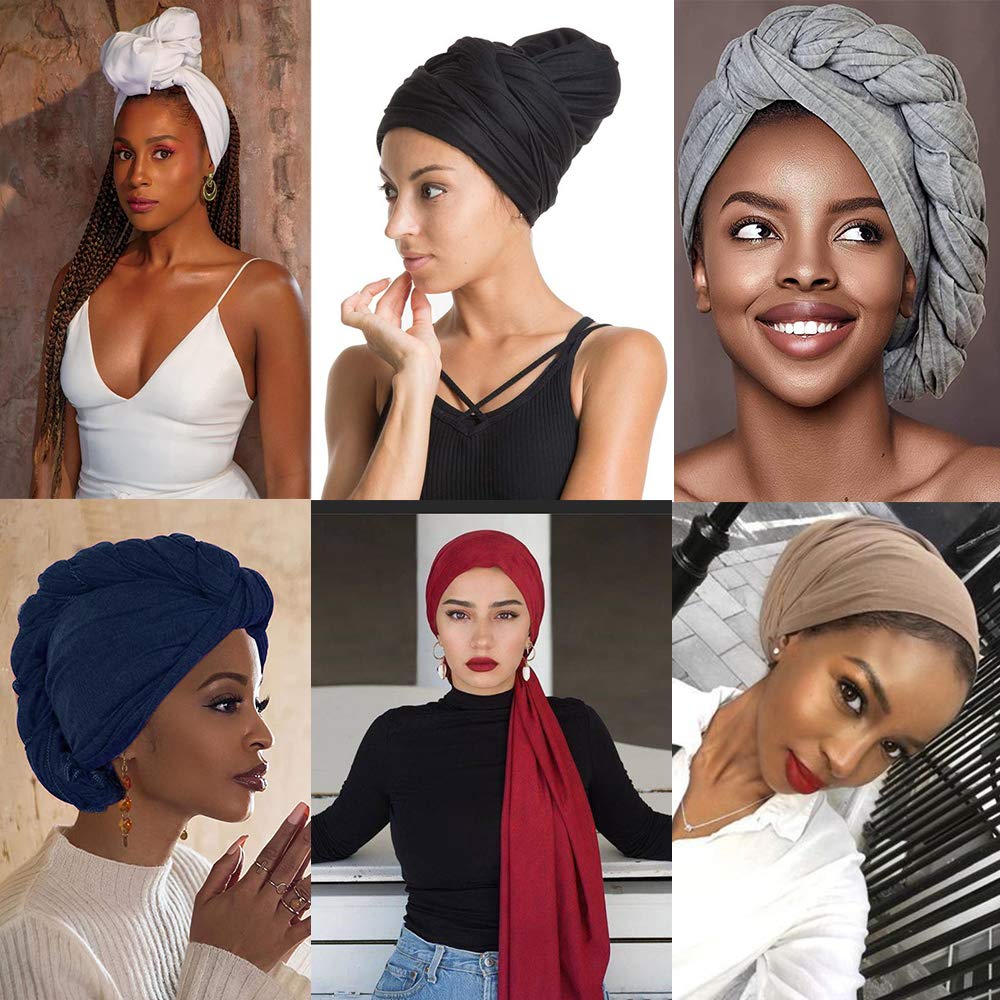 6 Pieces Stretch Head Wrap Hair Scarf Headband Jersey Turban Knit Headwraps Urban Hair Wrap Solid Color Ultra Soft Extra Long Breathable Head Band Tie for Women (Black, Grey,White,Navy, Camel,Red,)