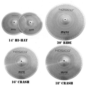 Low Volume Cymbal Pack Mute Cymbal Set 14'Hihats+16"Crash+18'Crash+20"Ride 5 Pieces Silver Drummer Practice Quiet Cymbal for Drum Set