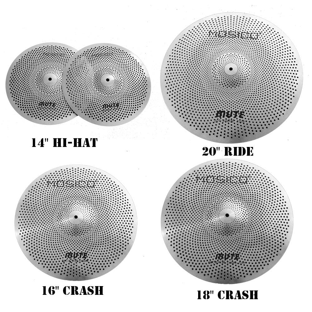 Low Volume Cymbal Pack Mute Cymbal Set 14'Hihats+16"Crash+18'Crash+20"Ride 5 Pieces Silver Drummer Practice Quiet Cymbal for Drum Set