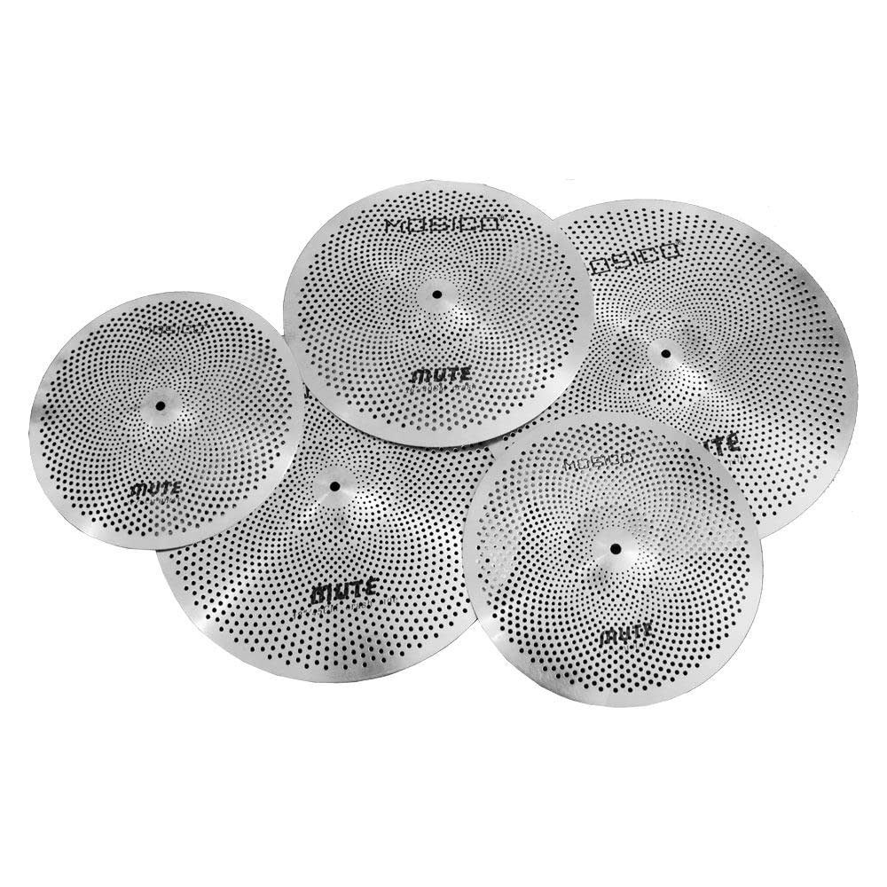 Low Volume Cymbal Pack Mute Cymbal Set 14'Hihats+16"Crash+18'Crash+20"Ride 5 Pieces Silver Drummer Practice Quiet Cymbal for Drum Set