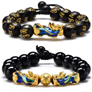 2 pieces feng shui bead bracelet black amulet wealth bracelet with color change pi xiu adjustable braided rope for attracting wealth and good luck