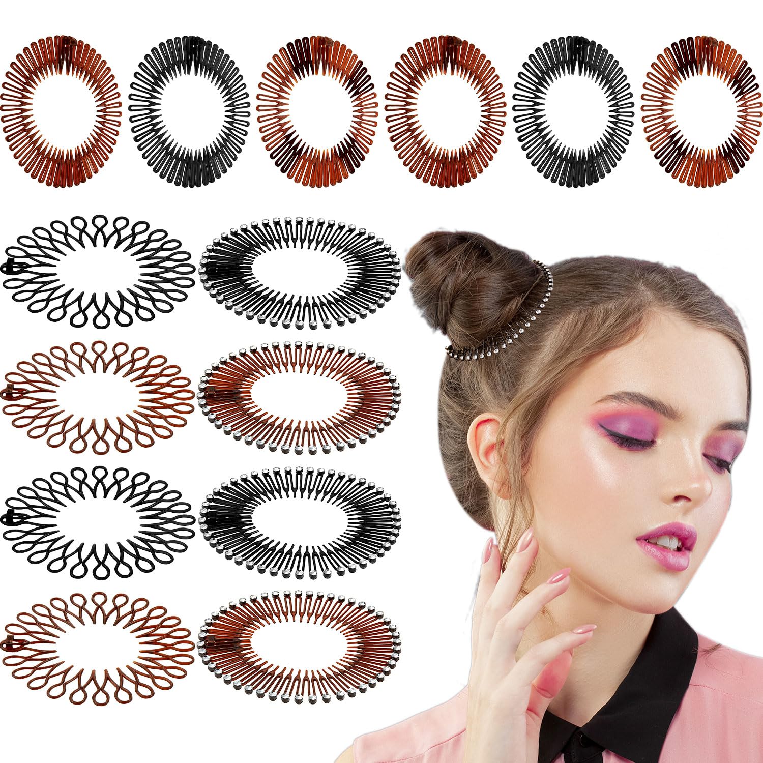 WILLBOND 14 Pcs Flexible Circle Hair Bands - Stretch Headbands with Tooth Comb for Women and Girls, 7 Fresh Color Styles