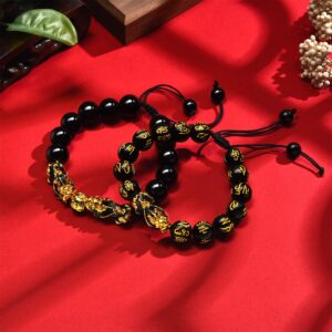 2 Pieces Feng Shui Bead Bracelet Black Amulet Wealth Bracelet with Color Change Pi Xiu Adjustable Braided Rope for Attracting Wealth and Good Luck