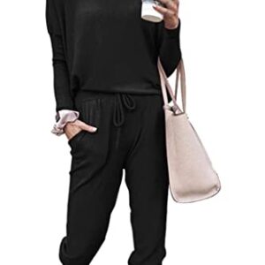 PRETTYGARDEN Women's 2024 Fall Two Piece Outfit Long Sleeve Crewneck Pullover Tops and Long Pants Tracksuit (Black,Large)