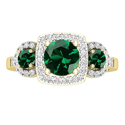 Dazzlingrock Collection Round Lab Created Emerald & Natural White Diamond Women 3 Stone Halo Style Engagement Ring, White Gold, Size 9.5