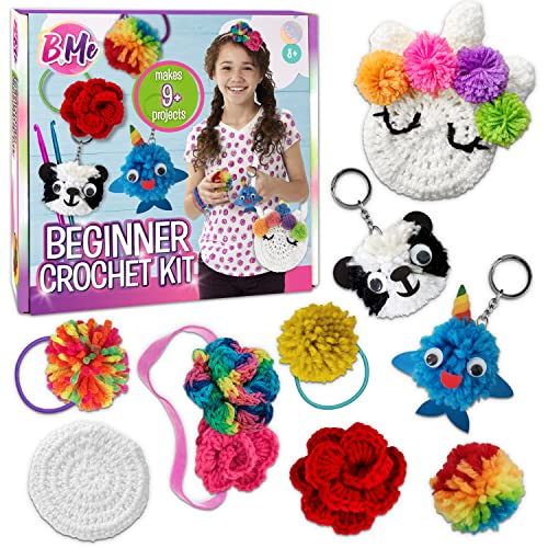 DIY All in One Crochet Knitting Kit for Beginners Starter Arts & Craft Set for Kids Teens Tweens & Adults – How to Learn Make Your Own Yarn Pom Poms – Birthday Gift for Kids Ages 8+