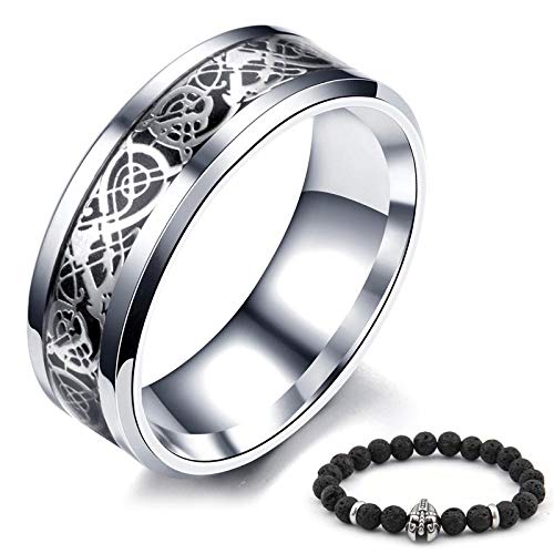 BAVIPOWER Viking Celtic Dragon Silvertone Ring Stainless Steel Scandinavian Protection Pagan Asatru for Mens Womens