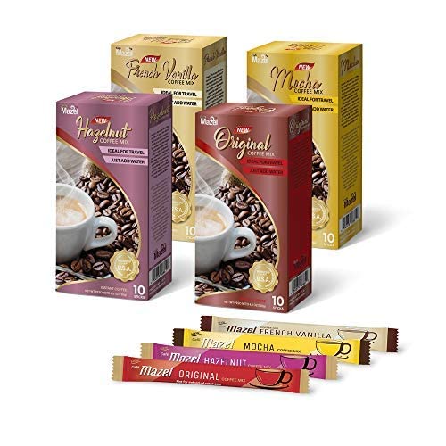 Café Mazel Instant Coffee - Instant Coffee Mix, 3 in 1 Instant Coffee, Value Pack 40 sticks - Original, Mocha, Hazelnut, French Vanilla (Variety Pack)