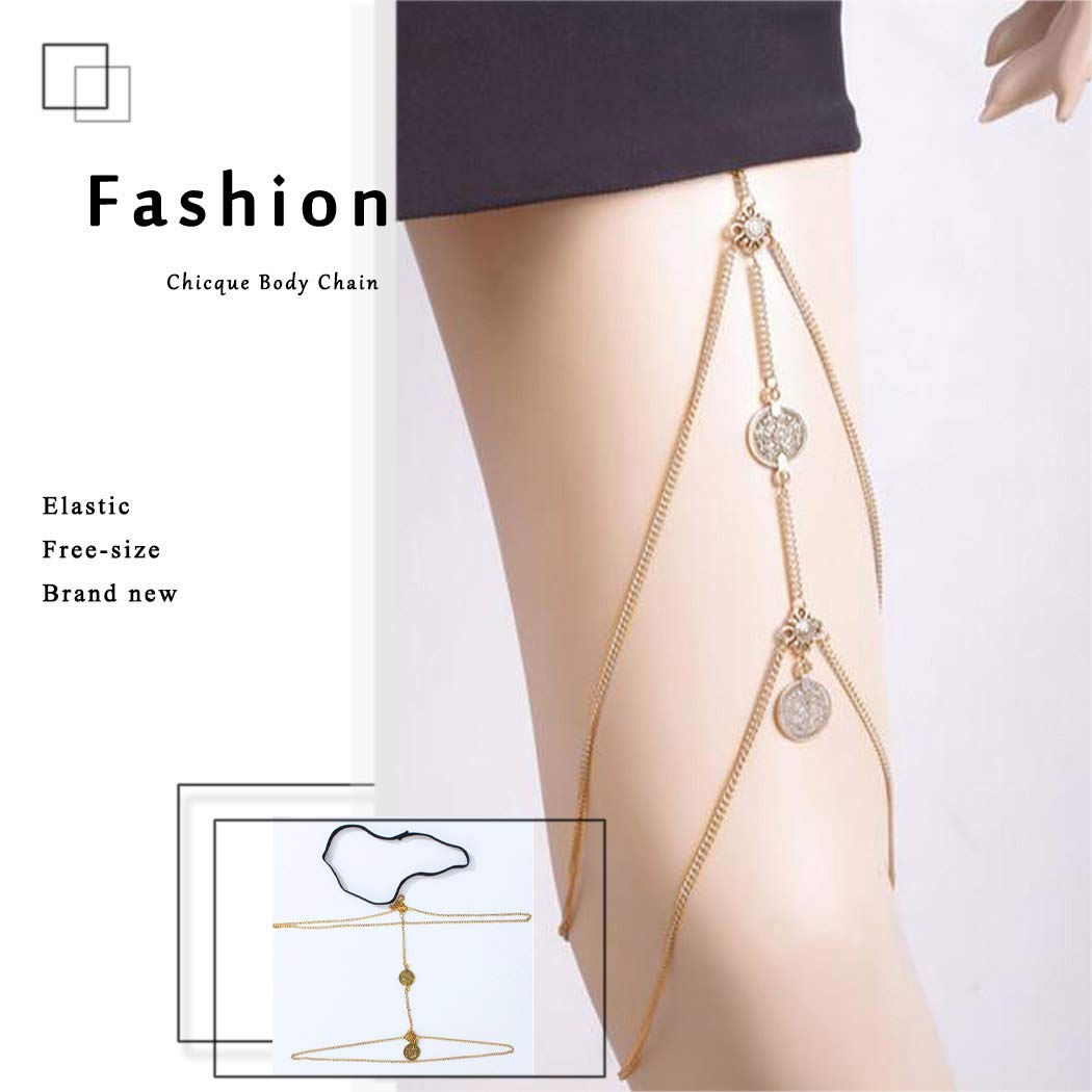 Chicque Gold Coin Thigh Chains Jewelry Sexy Leg Jewelry Boho Thigh Chain Bikini Body Jewelry Rave Party for Women and Girls