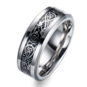 BAVIPOWER Viking Celtic Dragon Silvertone Ring Stainless Steel Scandinavian Protection Pagan Asatru for Mens Womens