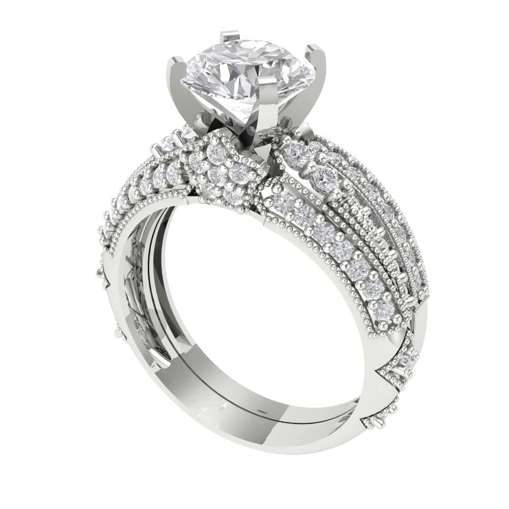 1.99 ct Round Cut Clear Simulated Diamond 14k White Gold Solitaire W/Accents Wedding Engagement Bridal Ring Band Set Sz 6