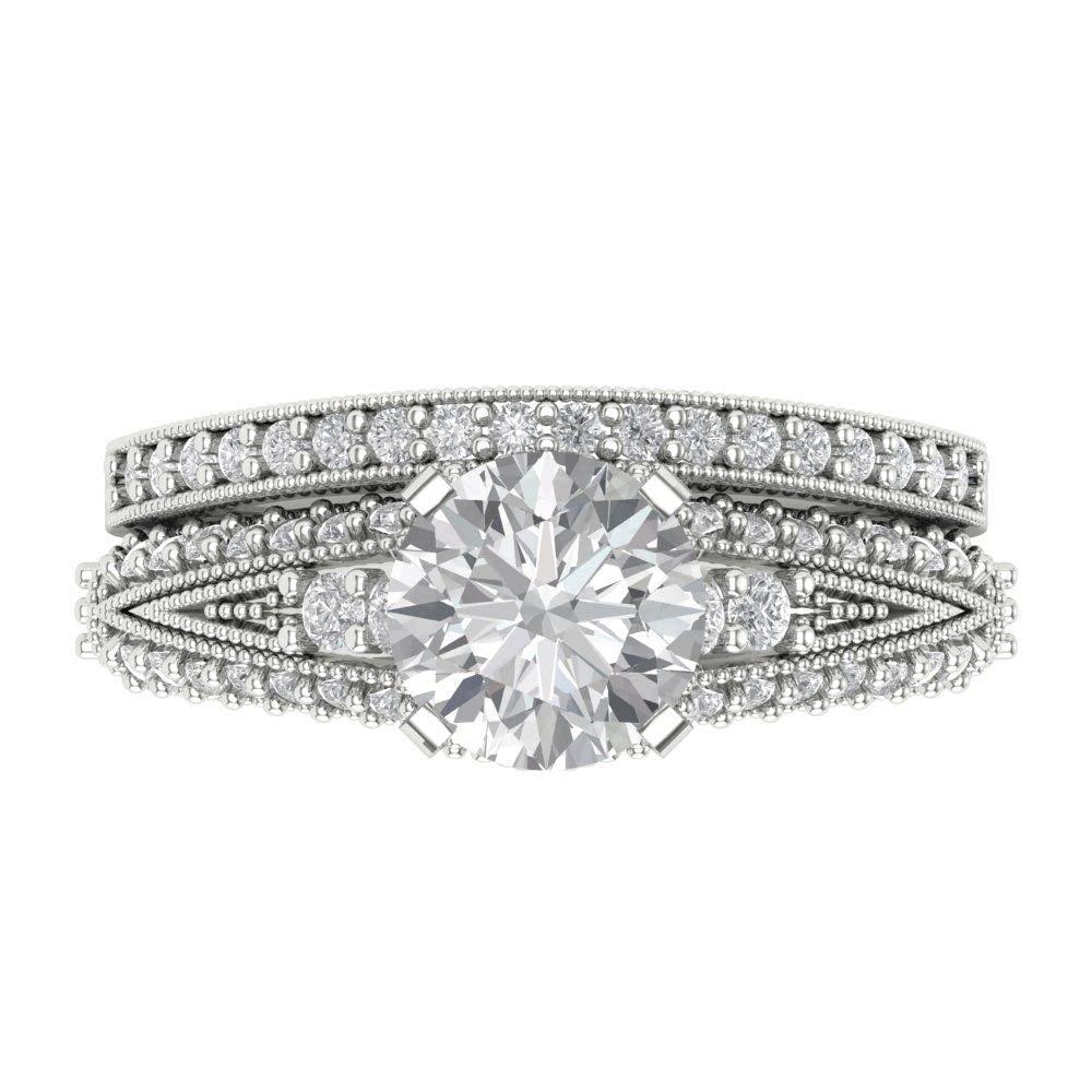 1.99 ct Round Cut Clear Simulated Diamond 14k White Gold Solitaire W/Accents Wedding Engagement Bridal Ring Band Set Sz 6