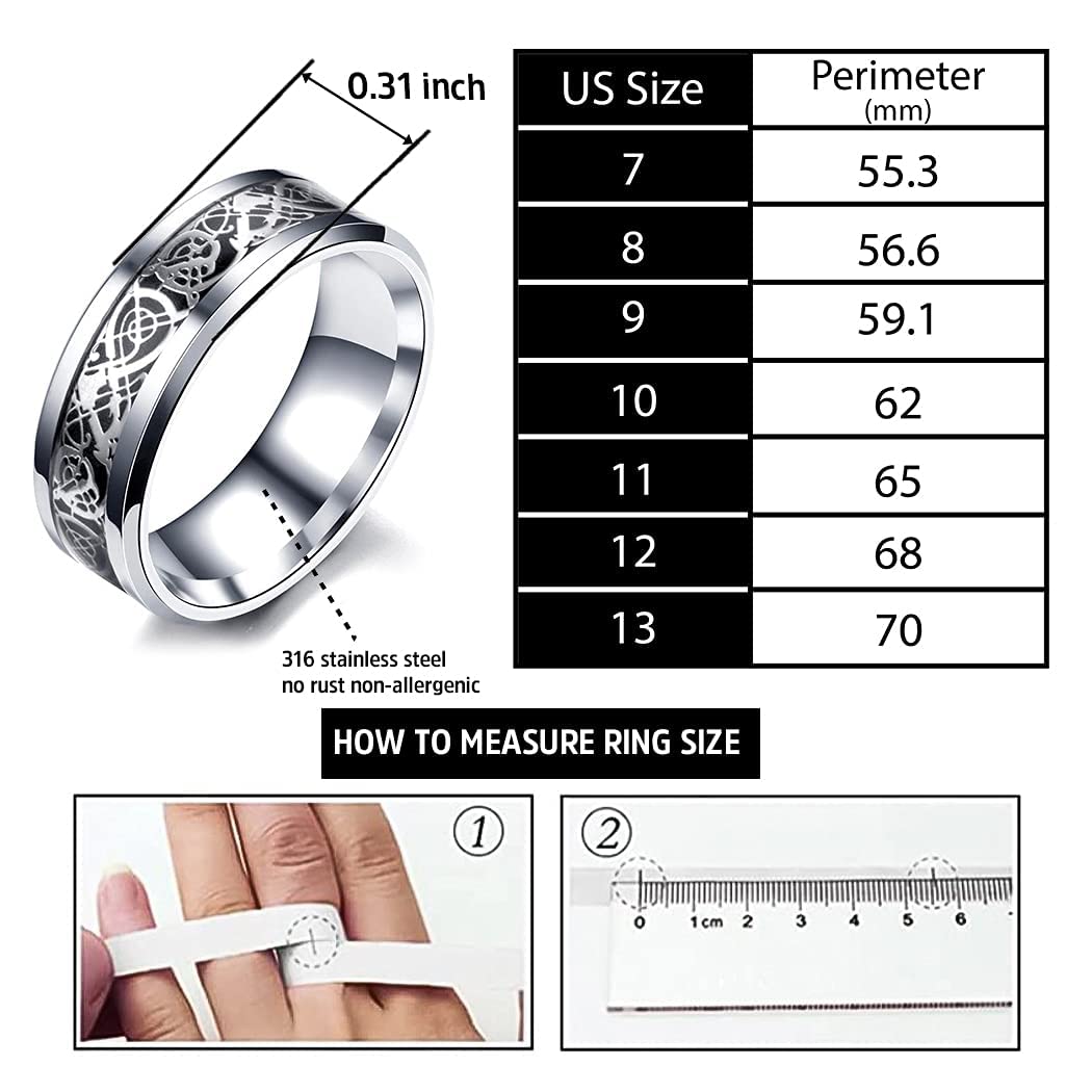 BAVIPOWER Viking Celtic Dragon Silvertone Ring Stainless Steel Scandinavian Protection Pagan Asatru for Mens Womens