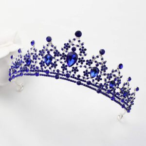 FORSEVEN Crystal Wedding Crown Queen Tiara Bride Crowns for Women Girls Rhinestone Decor Headband Hairband Princess Birthday Party Tiaras Bridal Hair Ornaments Wedding Supplies Accessories (Blue)