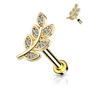 Micro CZ Paved Leaf Top on Internally Threaded 316L Surgical Steel Flat Back Studs for Labret, Monroe, Cartilage and More (16GA, Length: 1/4" (6mm), Gold/Clear)