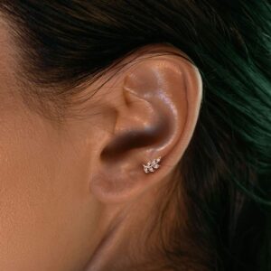 Micro CZ Paved Leaf Top on Internally Threaded 316L Surgical Steel Flat Back Studs for Labret, Monroe, Cartilage and More (16GA, Length: 1/4" (6mm), Gold/Clear)