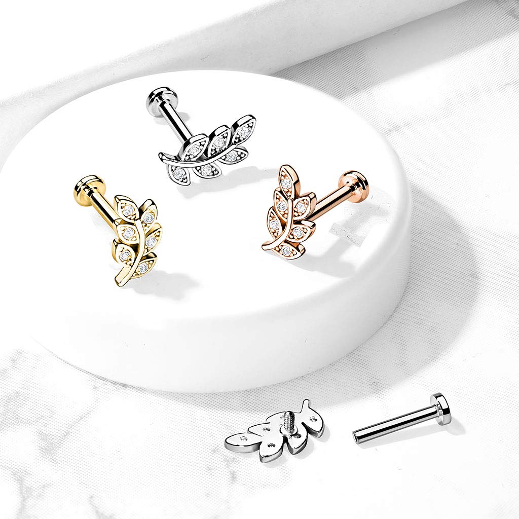 Micro CZ Paved Leaf Top on Internally Threaded 316L Surgical Steel Flat Back Studs for Labret, Monroe, Cartilage and More (16GA, Length: 1/4" (6mm), Gold/Clear)