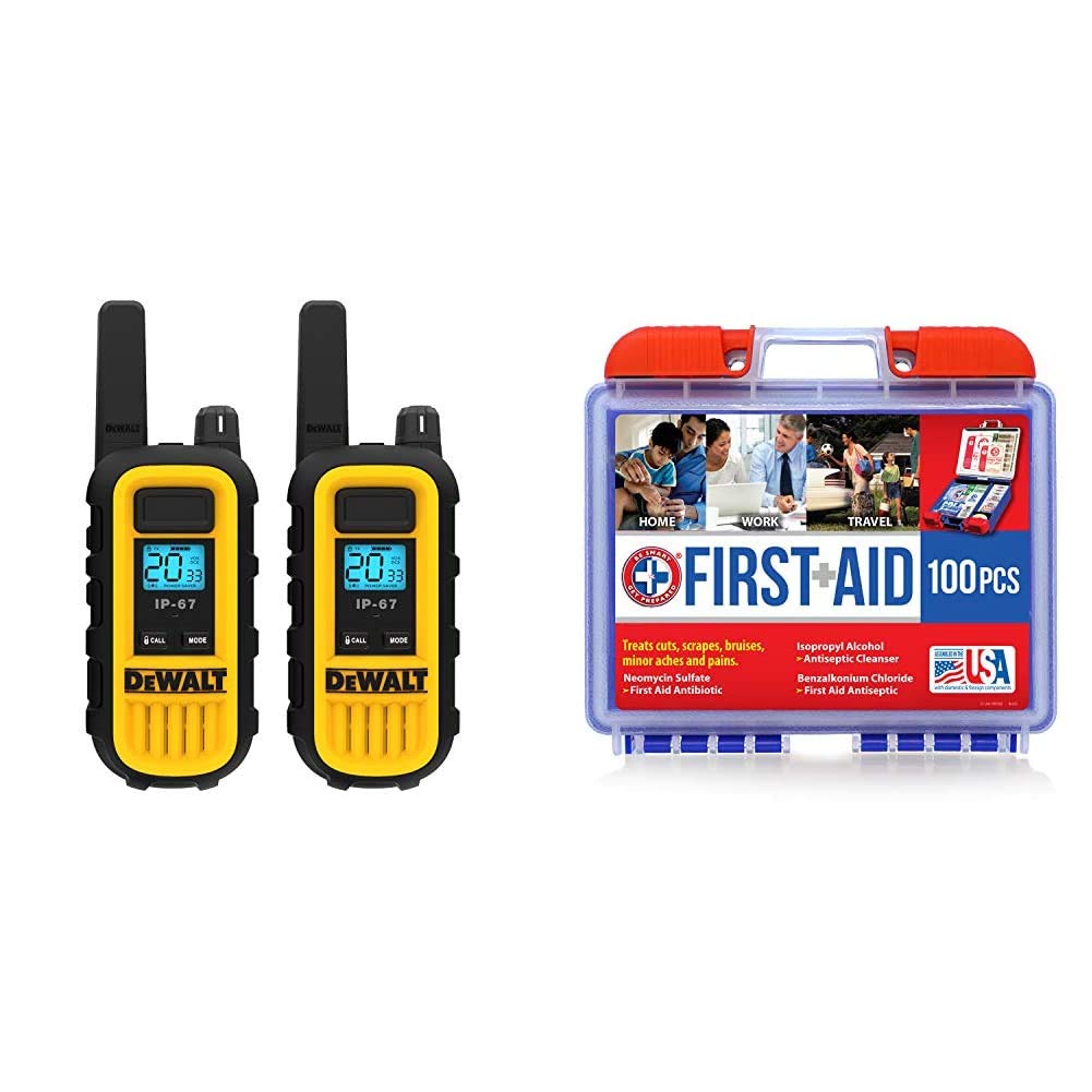 DEWALT DXFRS300 1 Watt Heavy Duty Walkie Talkies (2 Pack) and Be Smart Get Prepared 110 pc First Aid Kit