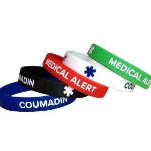 Coumadin Silicone Bracelets Medical Alert (5 Pack) Wristbands Adult Size for Men Women 7.8"