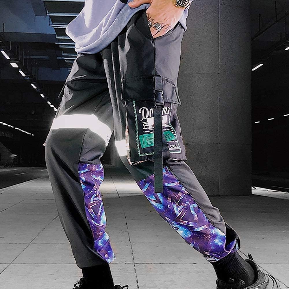 XYXIONGMAO Men's Functional Black and Purple Reflective Joggers Overalls Ribbon Techwear Sweatpants Hip Hop Streetwear Cargo Pants for Men (Black, XL)