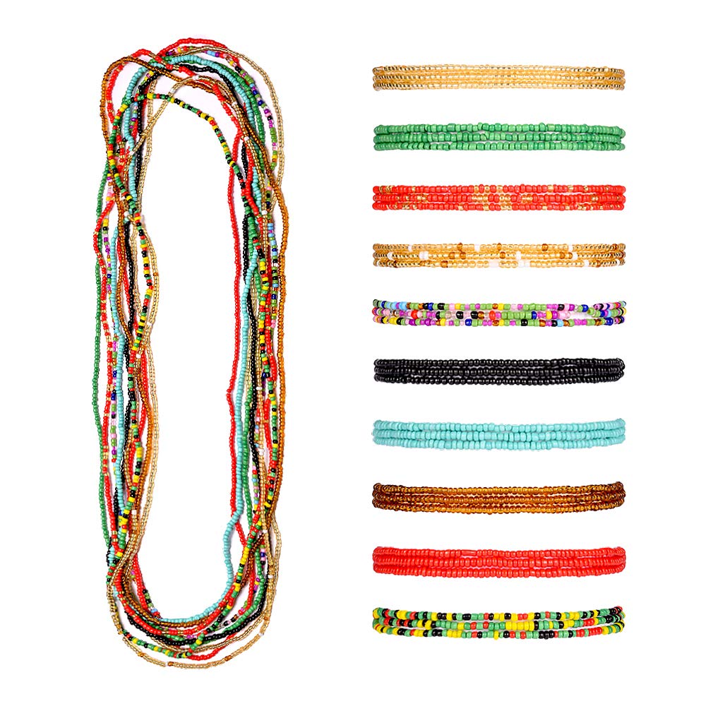 Tendaisy Waist Beads for Women Weight Loss Plus Size Elastic Belly Body Chains,10 Pieces Multicolor African Waist Beads Chain (Multicolor, 31.5)