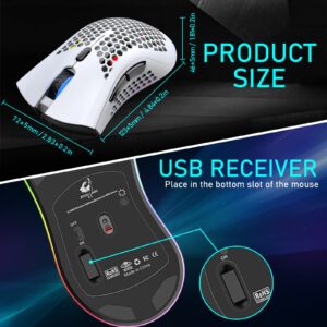 Wireless Lightweight Gaming Mouse Honeycomb with 7 Button Multi RGB Backlit Perforated Ergonomic Shell Optical Sensor Adjustable DPI Rechargeable 800mAh Battery USB Receiver for PC Mac Gamer(White)