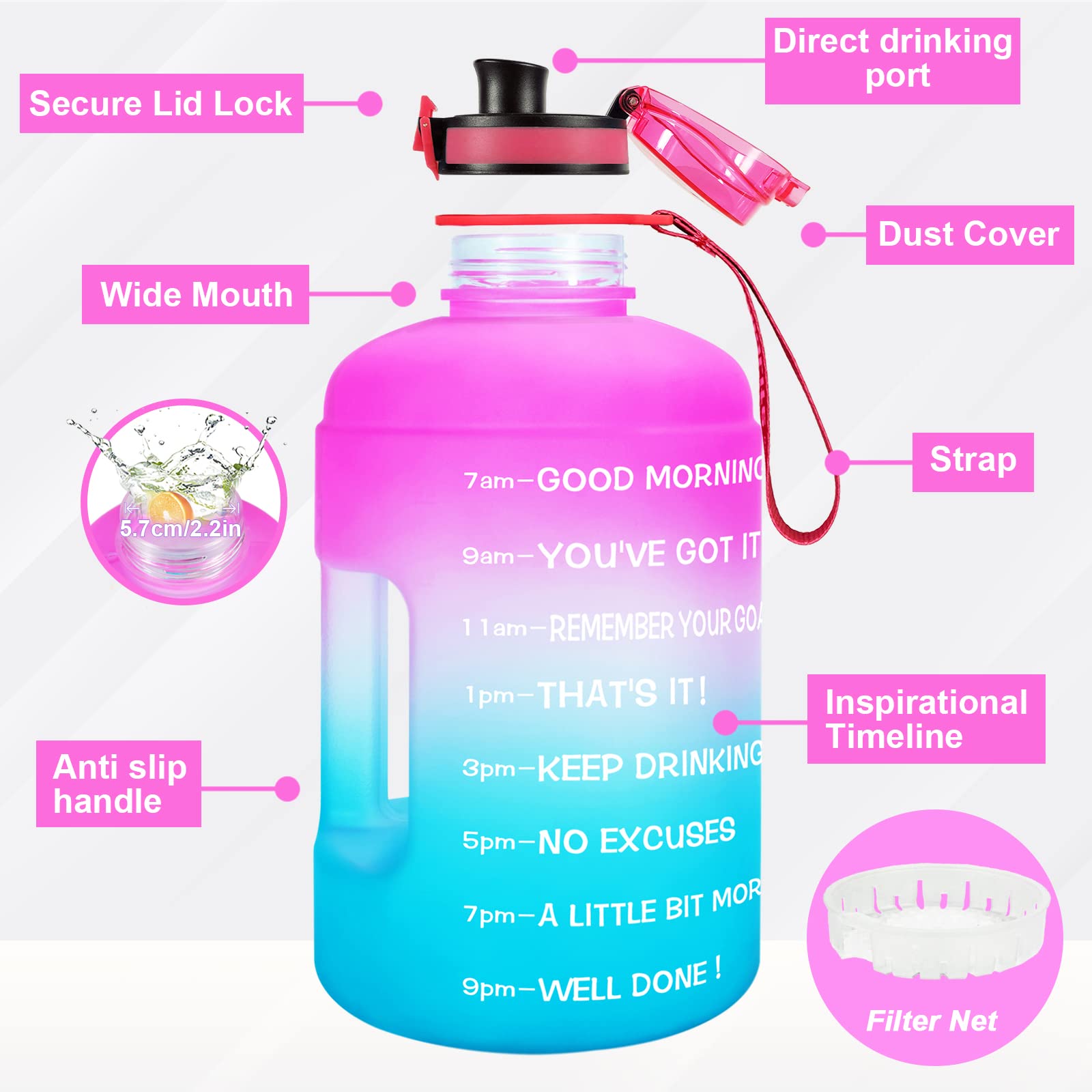 BuildLife Gallon Water Bottles with Times to Drink - Gallon Water Jug - 1 Gallon Water Bottle–128 oz Water Bottle,One Gallon Water Bottle with Time Marke for Gym(Pink Blue)