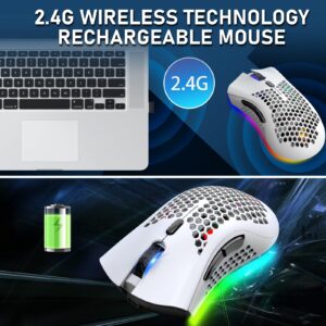 Wireless Lightweight Gaming Mouse Honeycomb with 7 Button Multi RGB Backlit Perforated Ergonomic Shell Optical Sensor Adjustable DPI Rechargeable 800mAh Battery USB Receiver for PC Mac Gamer(White)