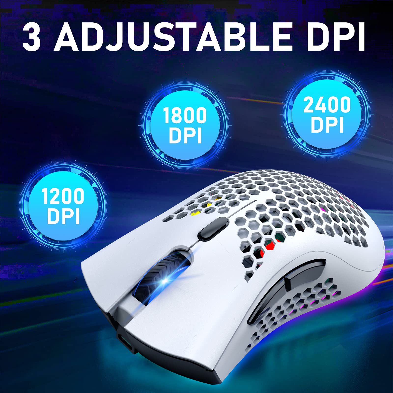 Wireless Lightweight Gaming Mouse Honeycomb with 7 Button Multi RGB Backlit Perforated Ergonomic Shell Optical Sensor Adjustable DPI Rechargeable 800mAh Battery USB Receiver for PC Mac Gamer(White)