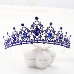 FORSEVEN Crystal Wedding Crown Queen Tiara Bride Crowns for Women Girls Rhinestone Decor Headband Hairband Princess Birthday Party Tiaras Bridal Hair Ornaments Wedding Supplies Accessories (Blue)