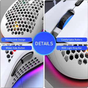 Wireless Lightweight Gaming Mouse Honeycomb with 7 Button Multi RGB Backlit Perforated Ergonomic Shell Optical Sensor Adjustable DPI Rechargeable 800mAh Battery USB Receiver for PC Mac Gamer(White)