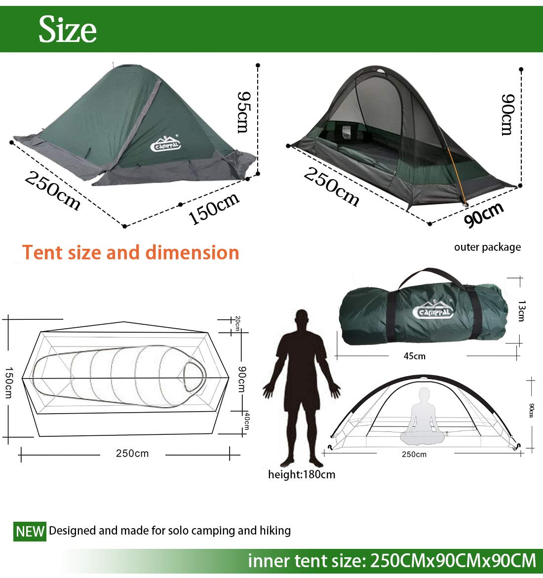 camppal 1 Person Tent Backpacking Camping Hiking Mountain Hunting Tent Lightweight and Waterproof for 4 Season Extreme Space Saving Single Bracket (Green-with skirt)