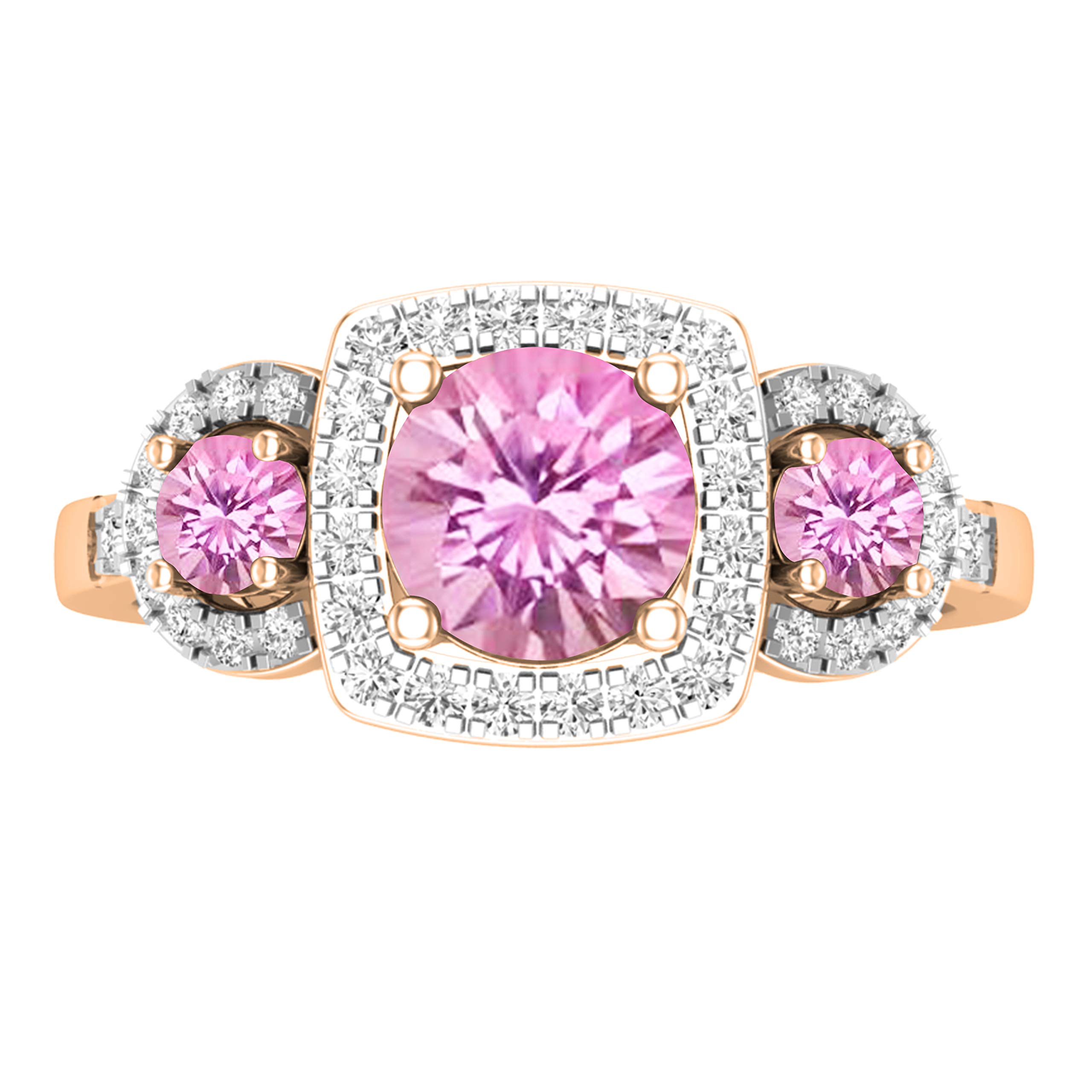 Dazzlingrock Collection Round Lab Created Pink Sapphire & Natural White Diamond Women 3 Stone Halo Style Engagement Ring, 10K Rose Gold, Size 7