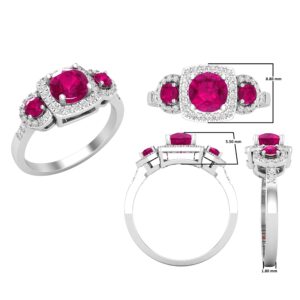 Dazzlingrock Collection Round Lab Created Ruby & Natural White Diamond Women 3 Stone Halo Style Engagement Ring, Sterling Silver, Size 8.5