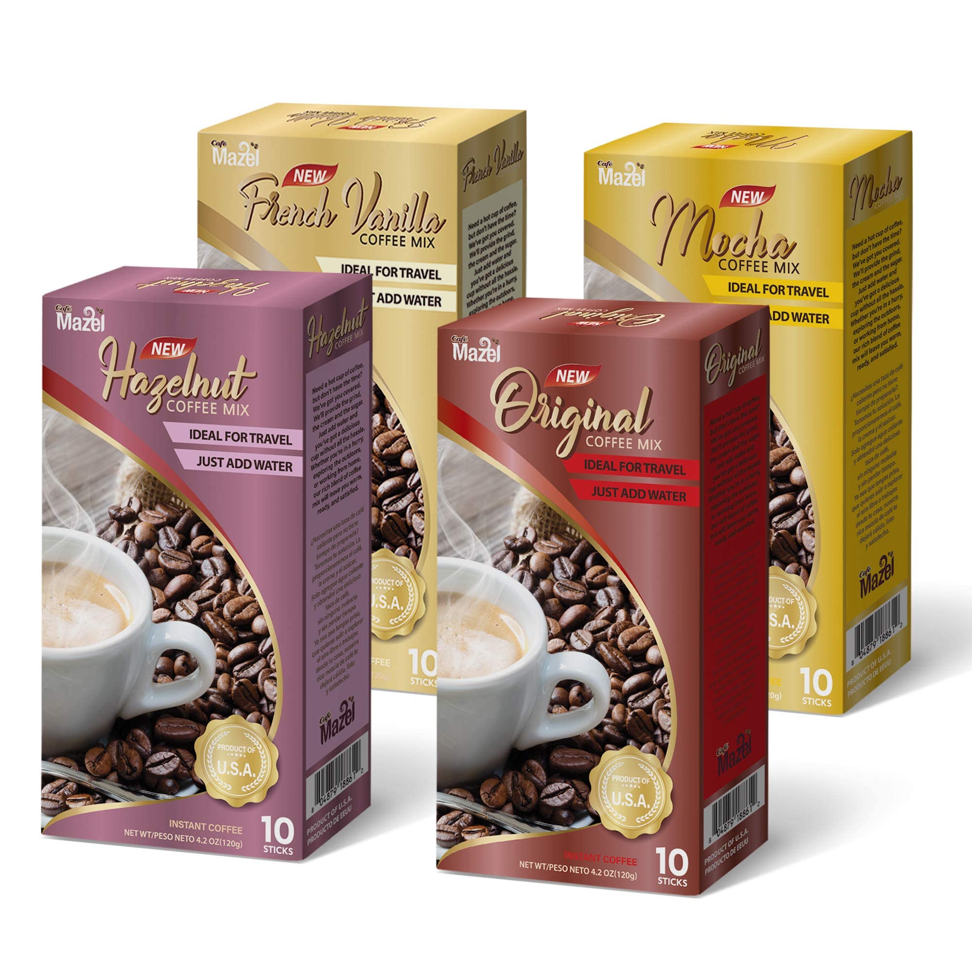 Café Mazel Instant Coffee - Instant Coffee Mix, 3 in 1 Instant Coffee, Value Pack 40 sticks - Original, Mocha, Hazelnut, French Vanilla (Variety Pack)